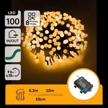 Aigostar - LED Outdoor Christmas String Lights, 100 LEDs / 8 Modes, Battery-powered (3x AA), 10.3 m, IP44, Warm White