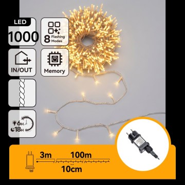 Aigostar - LED Outdoor Christmas String Lights 1000 LEDs/8 functions 103m IP44 warm white