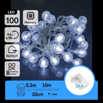 Aigostar - LED Outdoor Christmas String Lights 100xLED/3xAA/8 functions 10.3 m IP44 cool white