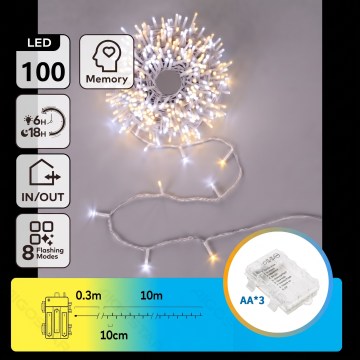 Aigostar - LED Outdoor Christmas String Lights 100xLED/8 functions 3xAA 10.3 m IP44 warm white/cool white