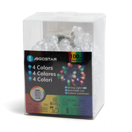 Aigostar - LED Outdoor Christmas String Lights 100xLED/8 functions 3xAA 10.3m IP44 multicolor