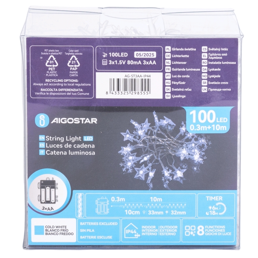 Aigostar - LED Outdoor Christmas String, 100 LEDs / 8 functions, 3xAA, 10 m, IP44, Cool White