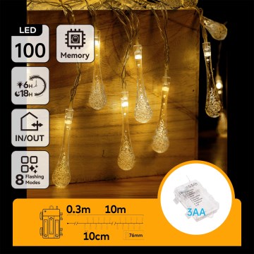 Aigostar - LED Outdoor Christmas String Lights 100xLED/8 functions 3xAA 10 m IP44 warm white drops