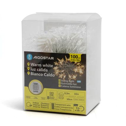 Aigostar - LED Outdoor Christmas String Lights, 100 LEDs / 8 Functions, 3xAA, 10 m, IP44, Warm White, Stars