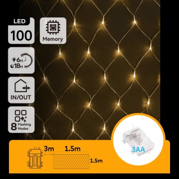 Aigostar - LED Outdoor Christmas string lights 100xLED/8 functions/3xAA 4,5x1,5m IP44 warm white