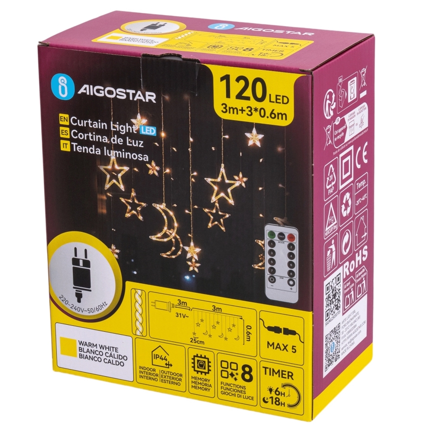 Aigostar - LED Outdoor Christmas String Lights 120xLED/6W/230V/8 modes 3x0,6m IP44 warm white + remote control