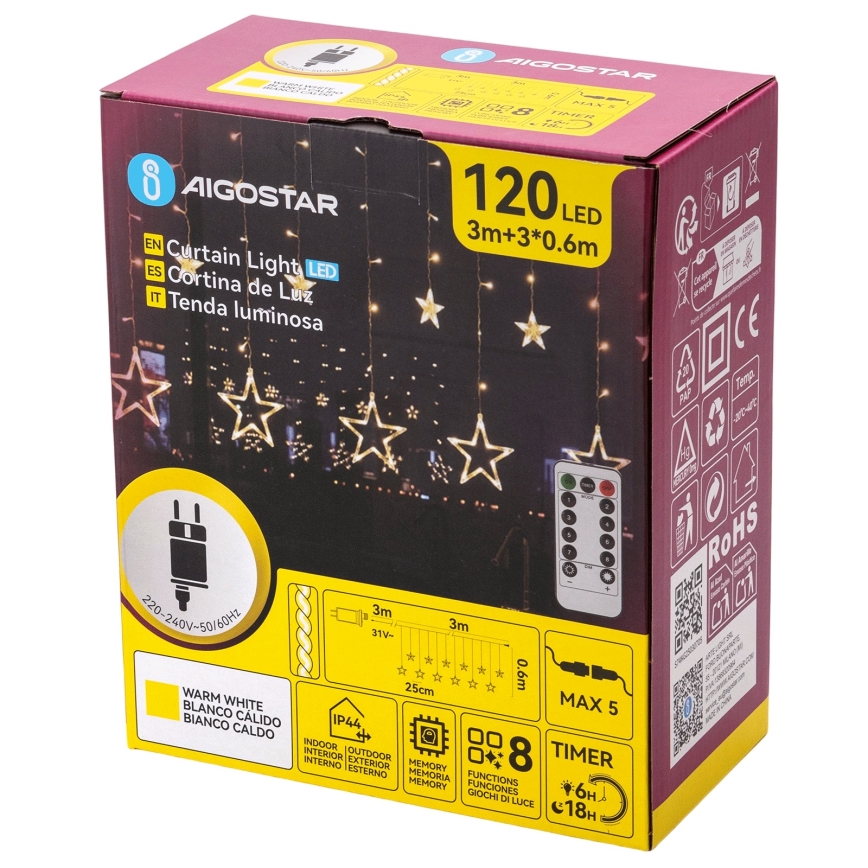 Aigostar - LED Outdoor String Lights 120 LEDs / 8 Modes 3 x 0.6 m IP44 Warm White + Remote Control