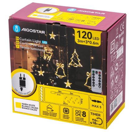 Aigostar - LED Outdoor Christmas String Lights, 120 LEDs / 8 Modes, 3 x 0.6 m, IP44, Warm White + Remote Control