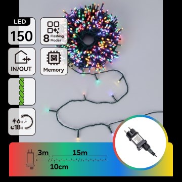 Aigostar - LED Outdoor Christmas String Lights 150 LEDs / 8 functions, 18 m, IP44, Multicolor