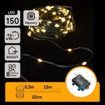 Aigostar - LED Outdoor Christmas String Lights, 150 LEDs / 8 functions, 3xAA, 15.3 m, IP44, warm white