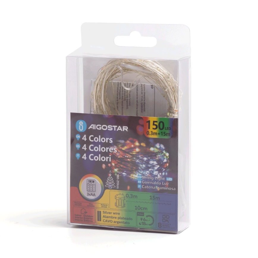 Aigostar - LED Outdoor Christmas String Lights 150xLED/8 functions/3xAA 15,3m IP44 multicolor