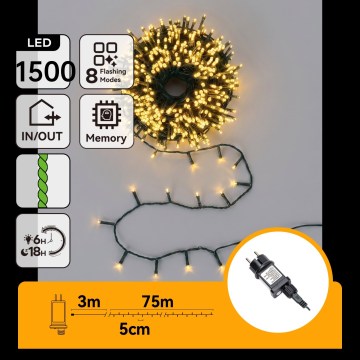 Aigostar - LED Outdoor Christmas String Lights 1500xLED/8 functions 78m IP44 warm white