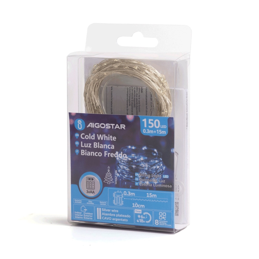Aigostar - LED Outdoor Christmas Lights 150xLED/8 functions/3xAA 15,3m IP44 cool white