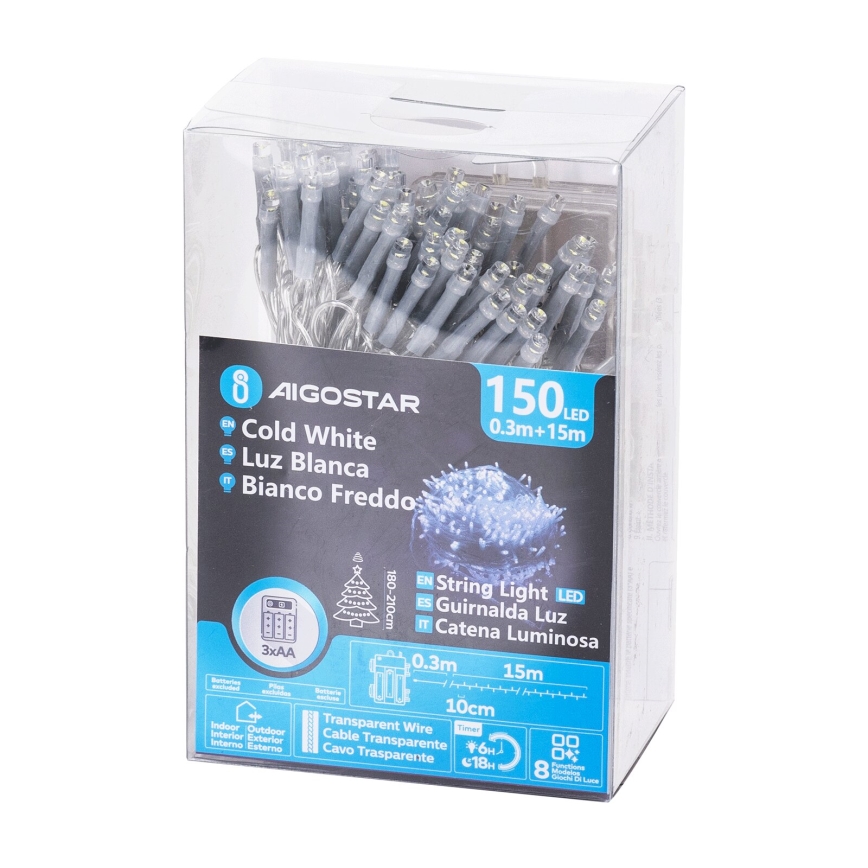 Aigostar - LED Outdoor Christmas String Lights 150xLED/8 functions 15.3m IP44 cool white
