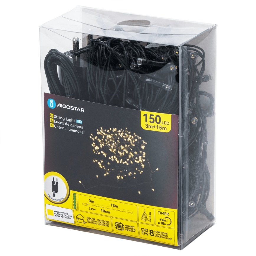 Aigostar - LED Outdoor Christmas string lights 150xLED/8 functions 18m IP44 warm white