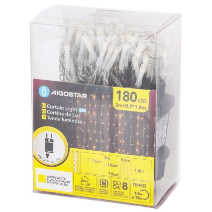 Aigostar - LED Outdoor Christmas String Lights 180 LEDs / 8 functions 3.9 x 1.8 m IP44 warm white