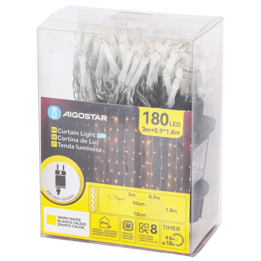 Aigostar - LED Outdoor Christmas String Lights 180 LEDs / 8 functions 3.9 x 1.8 m IP44 warm white