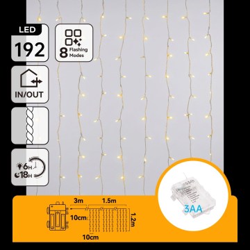 Aigostar - LED Outdoor Christmas String Lights 192 LEDs / 8 functions 3xAA 4.5x1.2m IP44 warm white