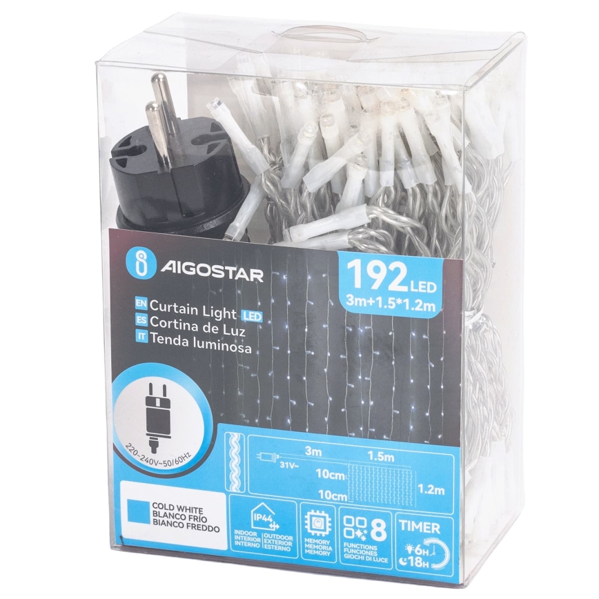 Aigostar - LED Outdoor Christmas string lights 192xLED/8 functions 4.5x1.2m IP44 cool white
