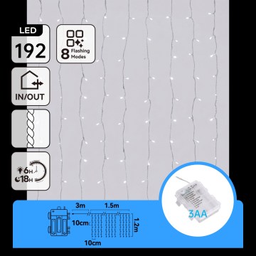 Aigostar - LED Outdoor Christmas String Lights 192xLED / 8 functions 3xAA 4.5x1.2m IP44 Cool White