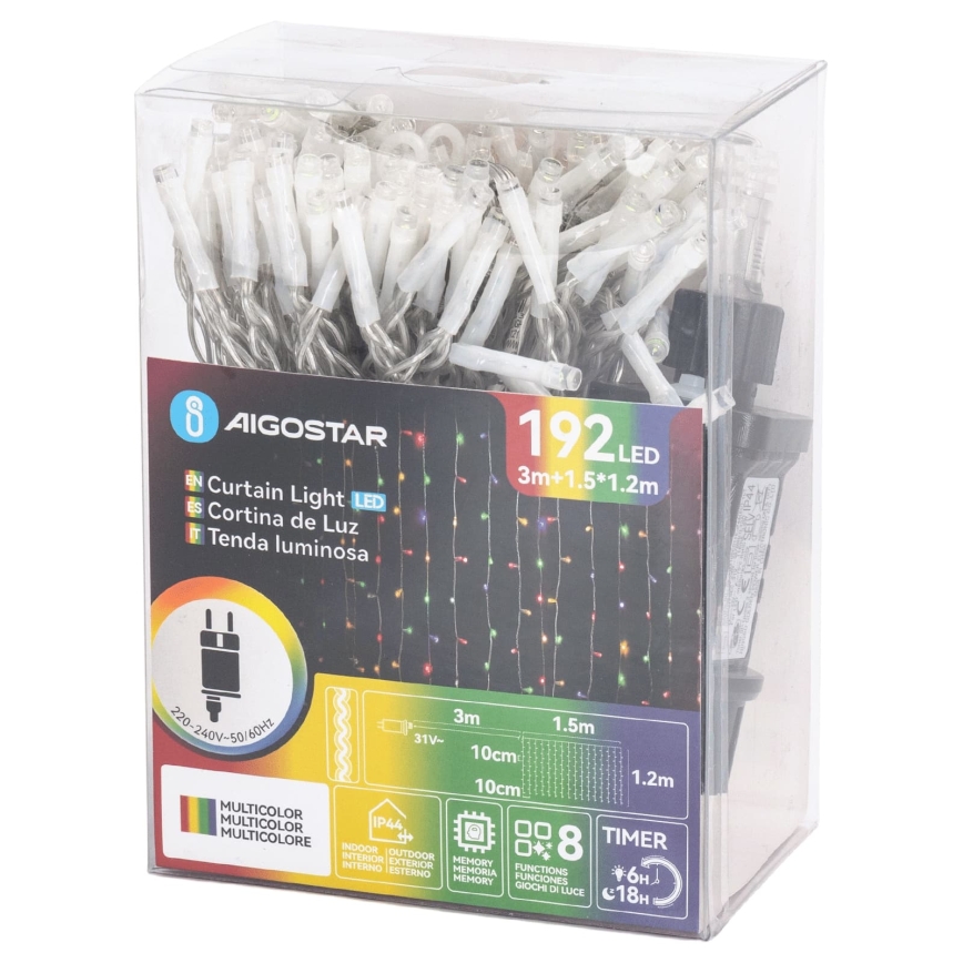 Aigostar - LED Outdoor Christmas String Lights 192xLED/8 functions 4,5x1,2m IP44 multicolor