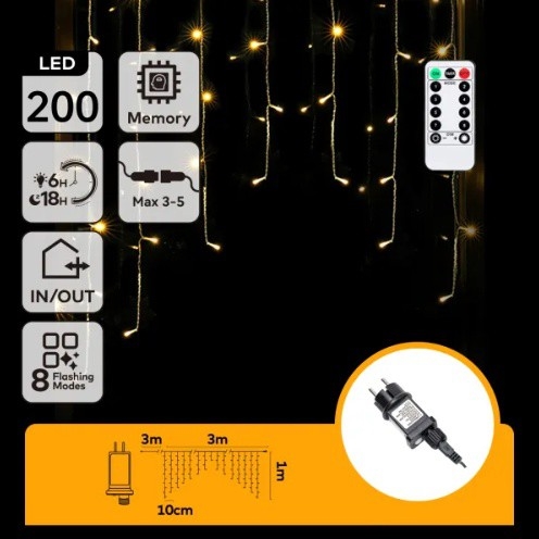 Aigostar - LED Outdoor Christmas String Lights, 200 LEDs, 6 W, 230 V, 8 Functions, 3 x 1 m, IP44, Warm White, Remote Control
