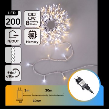 Aigostar - LED Outdoor Christmas String Lights 200 LEDs / 8 Functions, 23 m, IP44, Warm White / Cool White