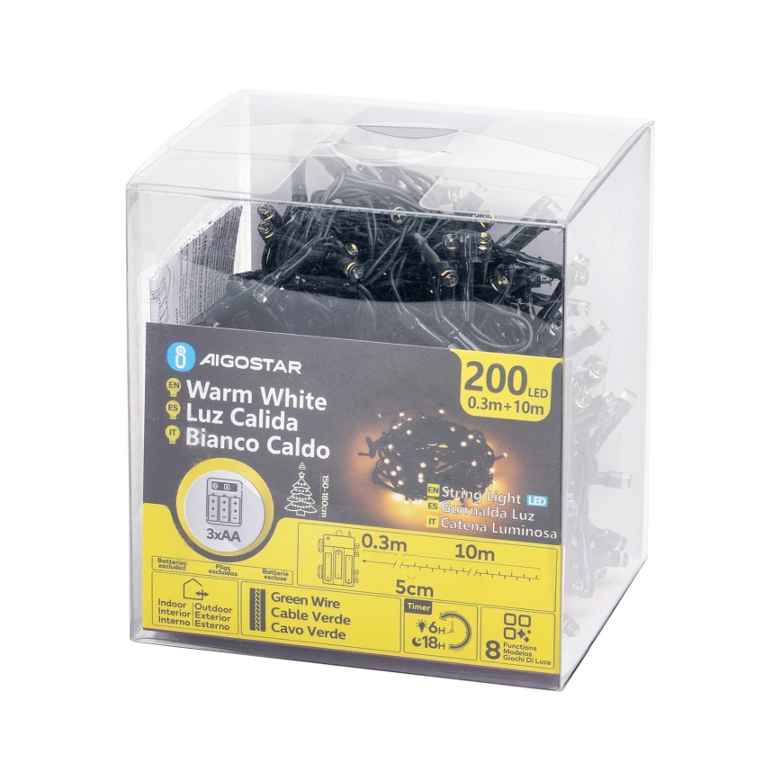 Aigostar - LED Outdoor Christmas String Lights 200 LEDs / 8 functions 3xAA 10.3m IP44 warm white