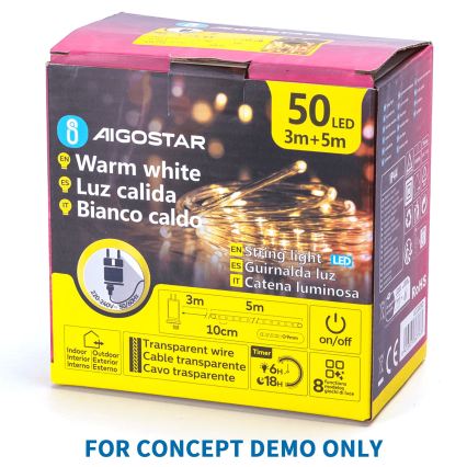 Aigostar - LED Outdoor Christmas String Lights 200 LEDs / 8 functions 3xAA 5x2m IP44 warm white