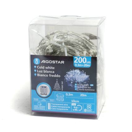Aigostar - LED Outdoor Christmas string lights 200xLED/8 functions 4xAA 20m IP44 cool white
