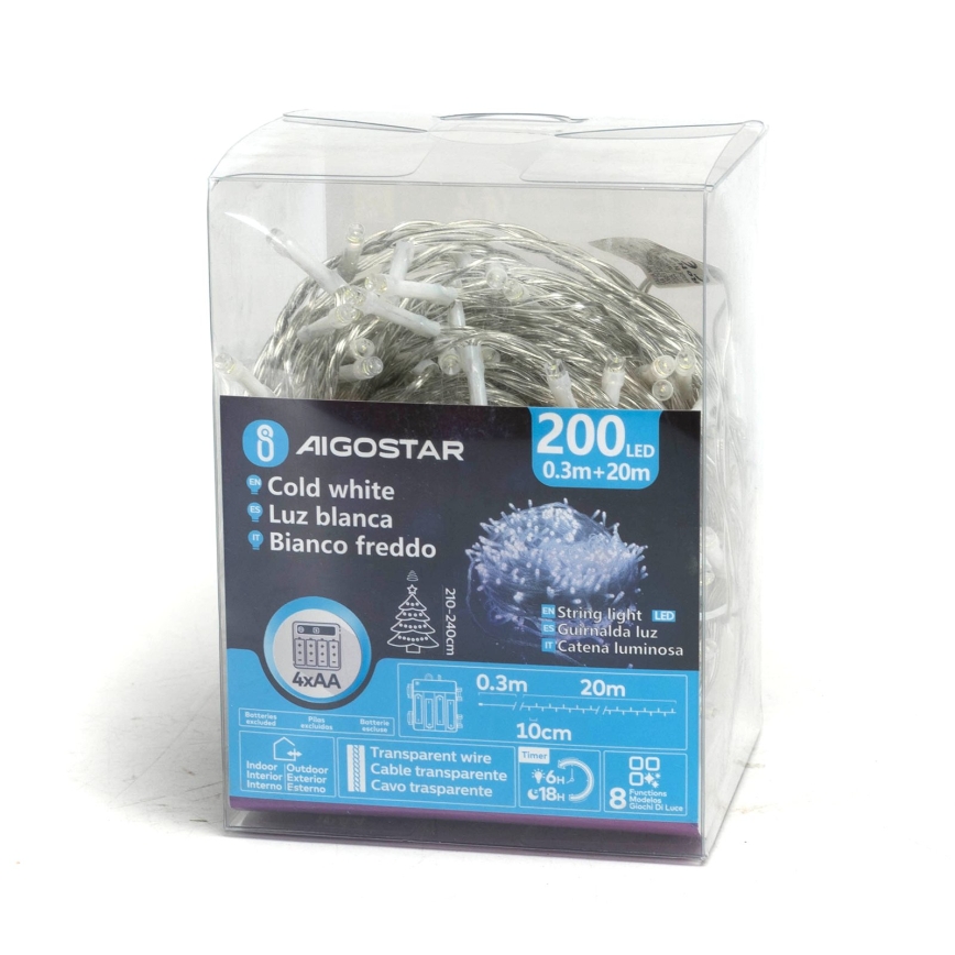 Aigostar - LED Outdoor Christmas string lights 200xLED/8 functions 4xAA 20m IP44 cool white