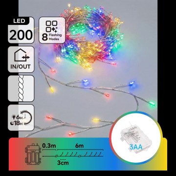 Aigostar - LED Outdoor Christmas String Lights 200 LEDs / 8 modes, 3xAA, 6.3 m, IP44, multicolor