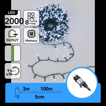 Aigostar - LED Outdoor Christmas String Lights 2000xLED/8 functions 103m IP44 cool white