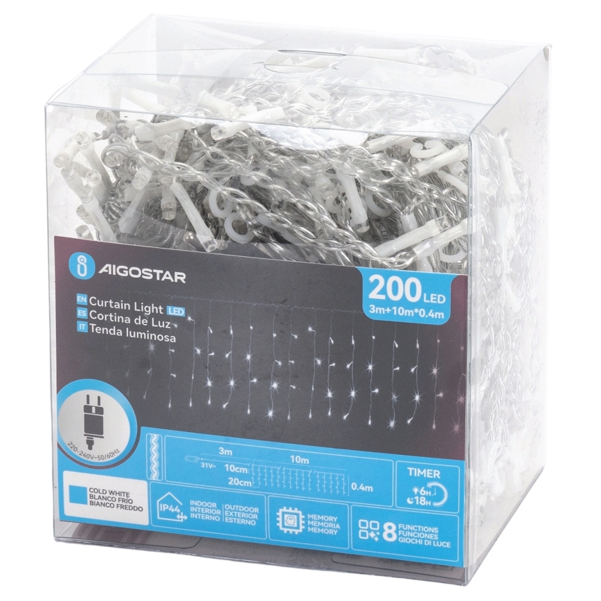 Aigostar - LED Outdoor String Lights 200 LEDs / 3.6 W / 230 V / 8 Modes / 10 x 0.4 m / IP44 / Cool White