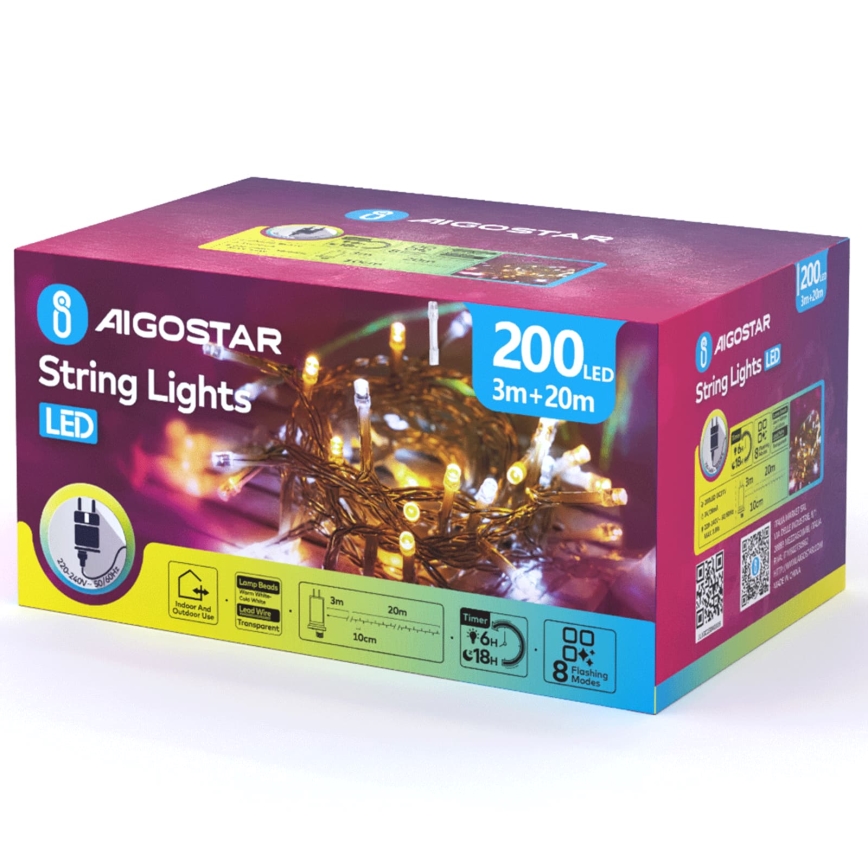 Aigostar - LED Outdoor Christmas String Lights 200 LEDs / 8 Functions, 23 m, IP44, Warm White / Cool White