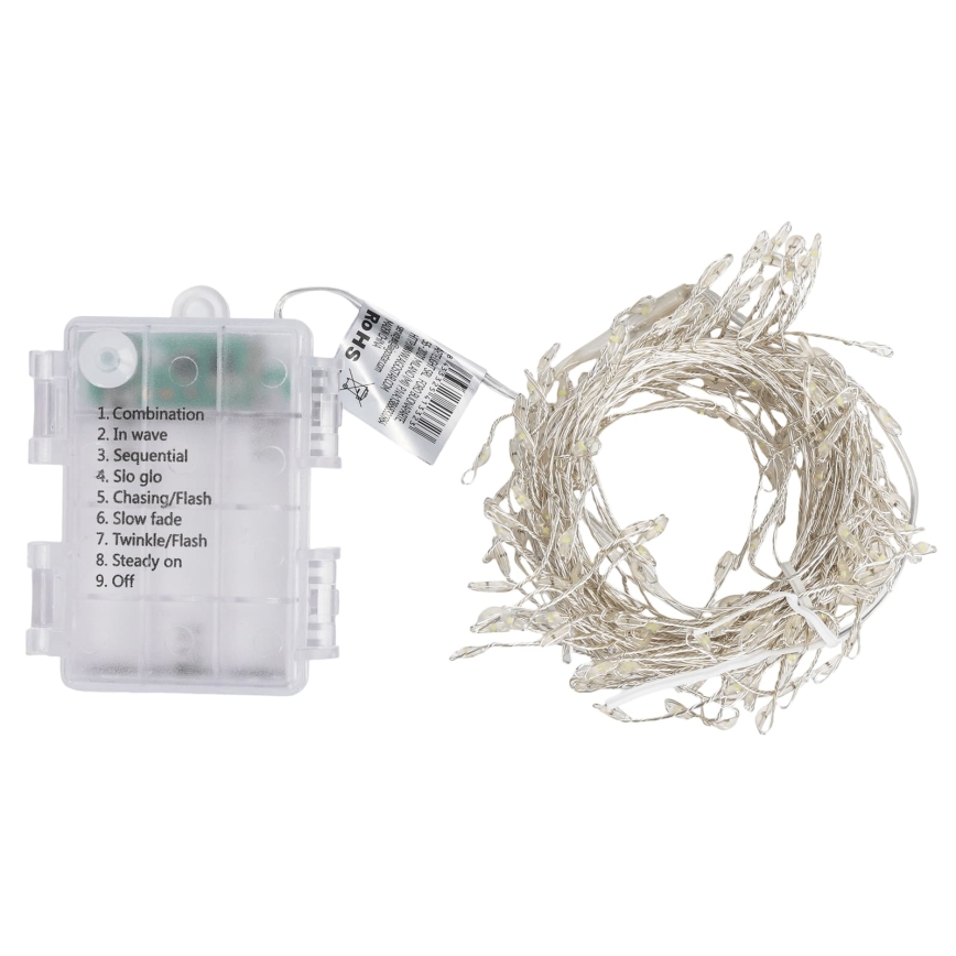 Aigostar - LED Outdoor Christmas string lights 200xLED/8 functions 3xAA 6,3m IP44 cool white