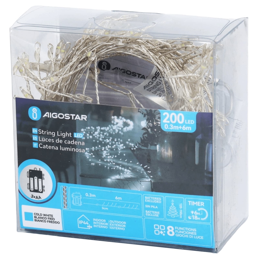 Aigostar - LED Outdoor Christmas string lights 200xLED/8 functions 3xAA 6,3m IP44 cool white