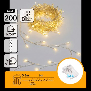 Aigostar - LED Outdoor Christmas String Lights 200xLED/8 modes 3xAA 6.3m IP44 warm white