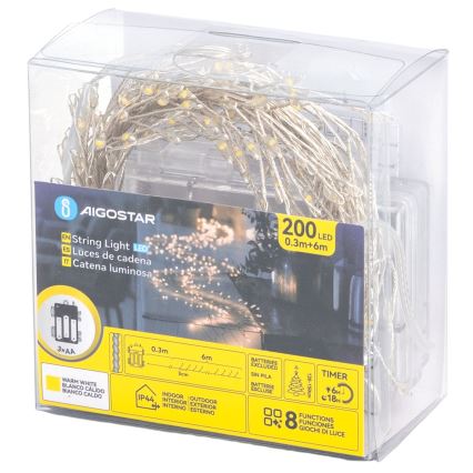 Aigostar - LED Outdoor Christmas String Lights 200xLED/8 modes 3xAA 6.3m IP44 warm white