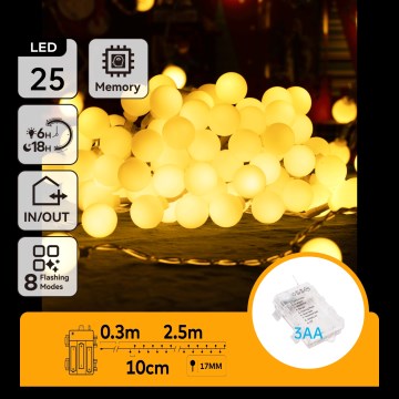 Aigostar-LED Outdoor Christmas String Lights, 25 LEDs, 2.8 m, 3xAA, 8 functions, IP44, warm white