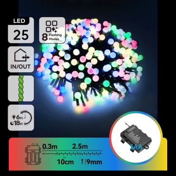 Aigostar - LED Outdoor Christmas String Lights, 25 LEDs / 8 Functions, 3x AA, 2.8 m, IP44, Multicolor
