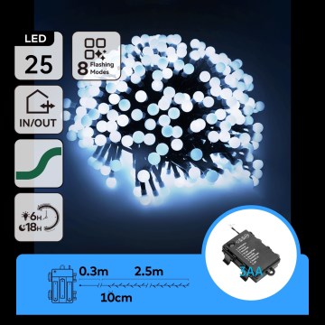Aigostar - LED Outdoor Christmas String Lights 25 LEDs / 8 Functions 3xAA 2.8m IP44 Cool White