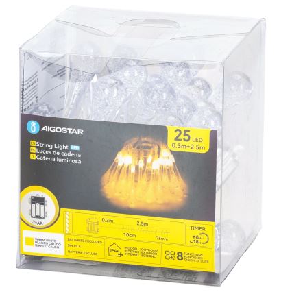Aigostar - LED Outdoor String Lights 25 LEDs / 8 lighting modes 3xAA 2.5 m IP44 warm white drop-shaped