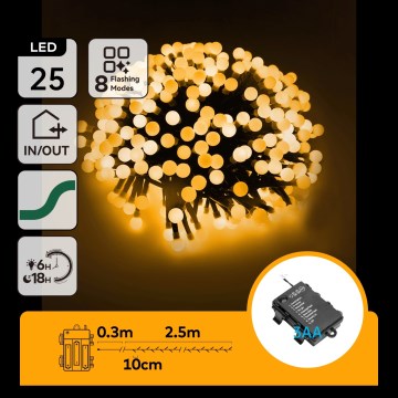 Aigostar - LED Outdoor Christmas String Lights, 25 LEDs, 8 Lighting Modes, 3×AA, 2.8 m, IP44, Warm White