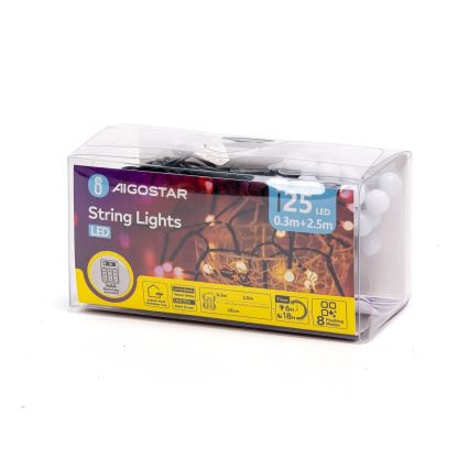 Aigostar - LED Outdoor Christmas String Lights, 25 LEDs, 8 Lighting Modes, 3×AA, 2.8 m, IP44, Warm White