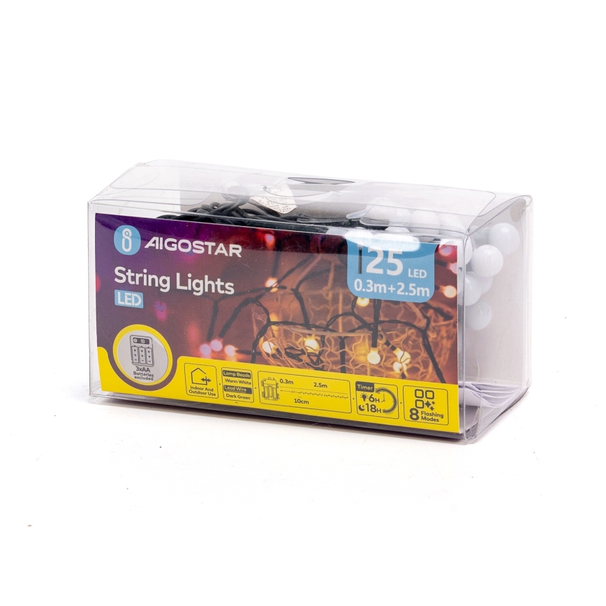 Aigostar - LED Outdoor Christmas String Lights, 25 LEDs, 8 Lighting Modes, 3×AA, 2.8 m, IP44, Warm White