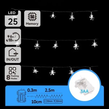 Aigostar - LED Outdoor Christmas String Lights 25 LEDs/8 modes 3xAA 2.5 m IP44 cool white
