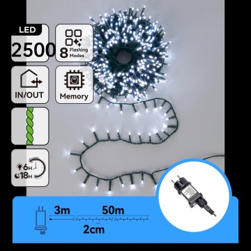 Aigostar - LED Outdoor Christmas String Lights 2500 LEDs / 8 functions 53 m IP44 Cool White