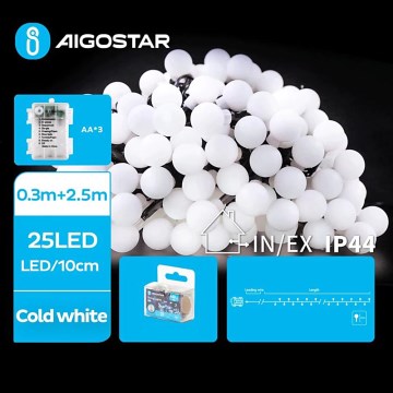 Aigostar - LED Outdoor Christmas String Lights 25xLED/3xAA/8 functions 2.8 m IP44 cool white