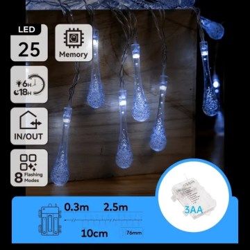 Aigostar - LED Outdoor Christmas String Lights 25xLED/8 functions 3xAA 2.5 m IP44 cool white drops